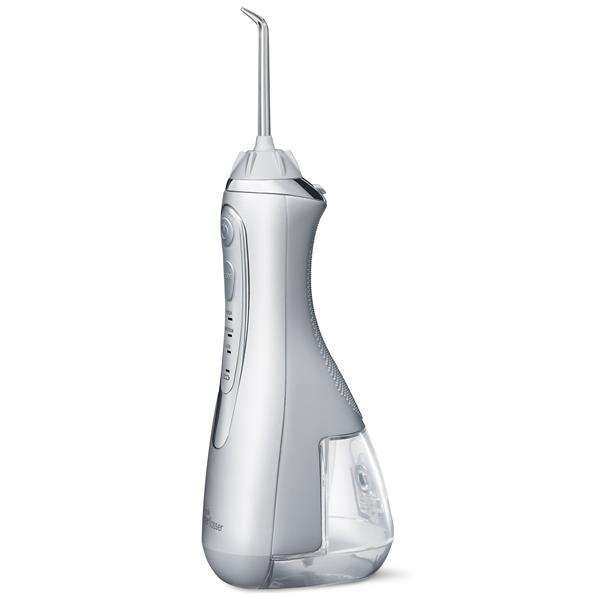 Seitenansicht – Weiße WP-580 Cordless Advanced 2.0 Munddusche, Griff und Düsenaufsatz